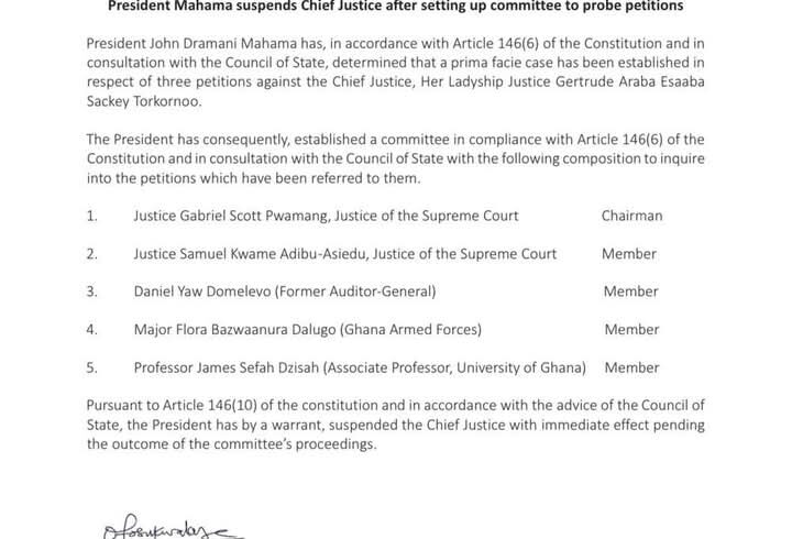 President Mahama Suspends Chief Justice Pending Probe President John Dramani Mahama has suspended the Chief Justice, pending the outcome of a committee set up to investigate petitions filed against the Chief Justice.