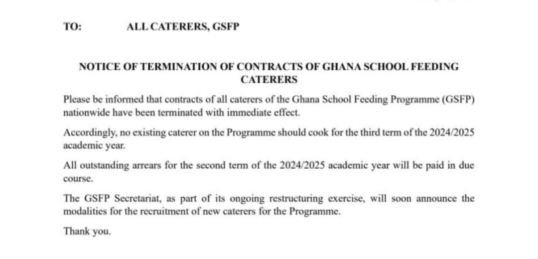 Ghana School Feeding Programme contract termination