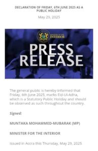 Ghana Declares June 6, 2025, a Public Holiday in Observance of Eid-Ul-Adha