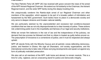 NPP UK Condemns Arrest of Ashanti Regional Chairman, Calls for Justice.