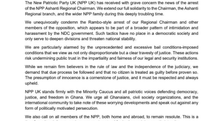 NPP UK Condemns Arrest of Ashanti Regional Chairman, Calls for Justice.