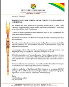 MP Condemns Murder of Respected Elder in Ketu North Constituency.