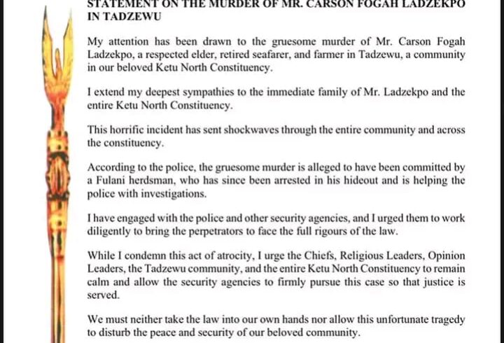 MP Condemns Murder of Respected Elder in Ketu North Constituency.