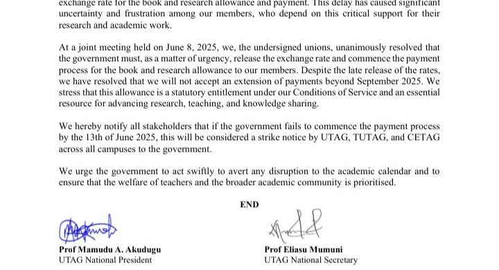 UTAG, TUTAG, and CETAG Issue Strike Notice Over Delayed Book and Research Allowance.