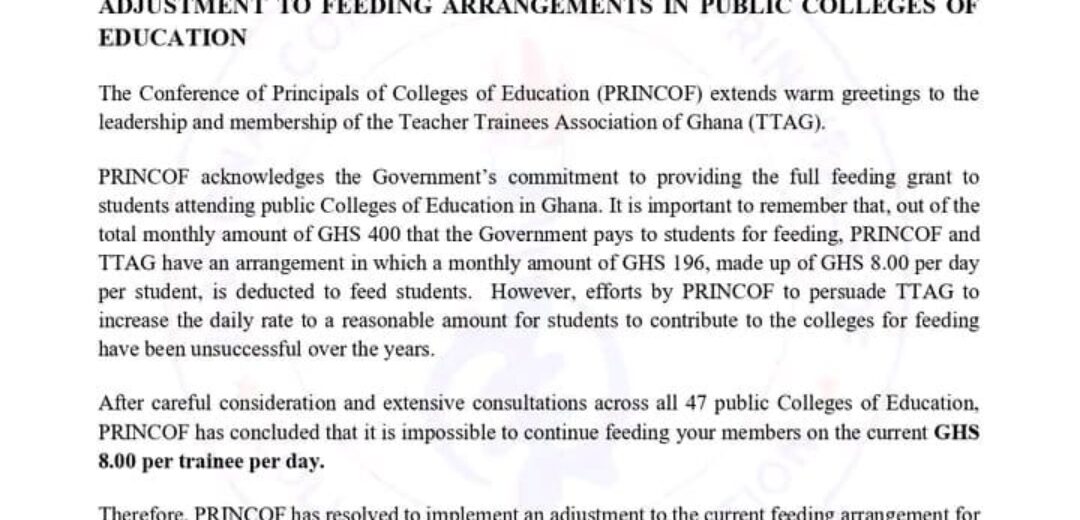 PRINCOF Announces Adjustment to Feeding Arrangements in Public Colleges of Education.