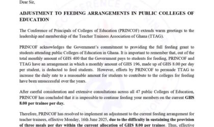 PRINCOF Announces Adjustment to Feeding Arrangements in Public Colleges of Education.