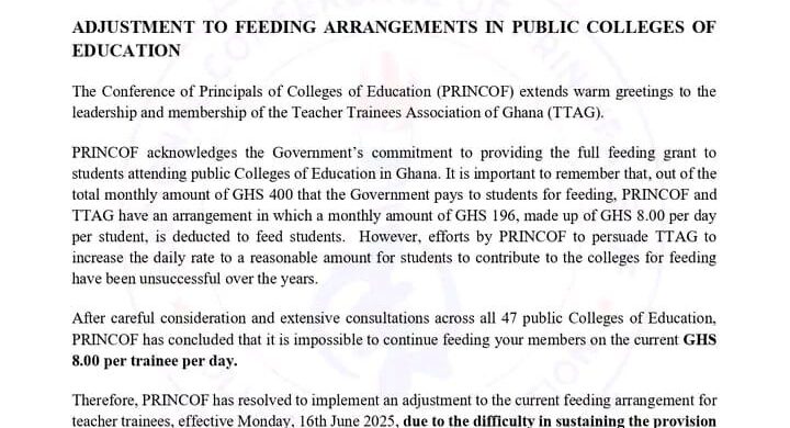 PRINCOF Announces Adjustment to Feeding Arrangements in Public Colleges of Education.