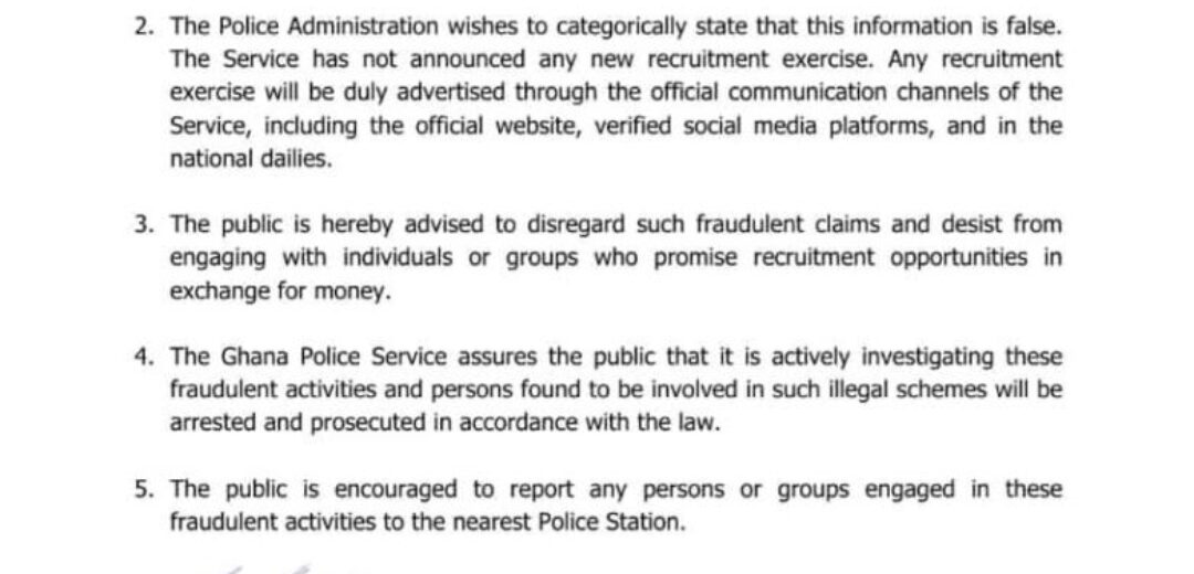 Ghana Police Service Issues Disclaimer on Fake Recruitment.