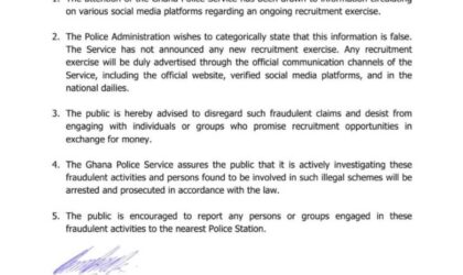 Ghana Police Service Issues Disclaimer on Fake Recruitment.