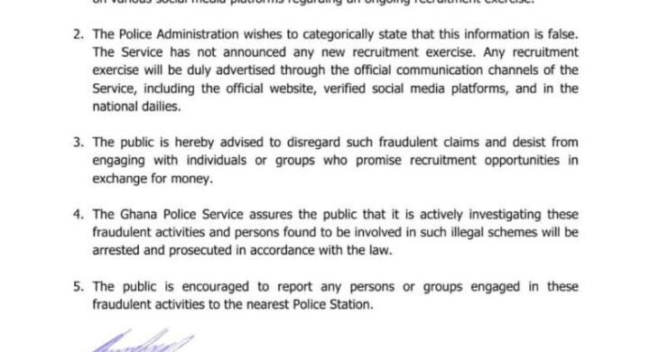Ghana Police Service Issues Disclaimer on Fake Recruitment.