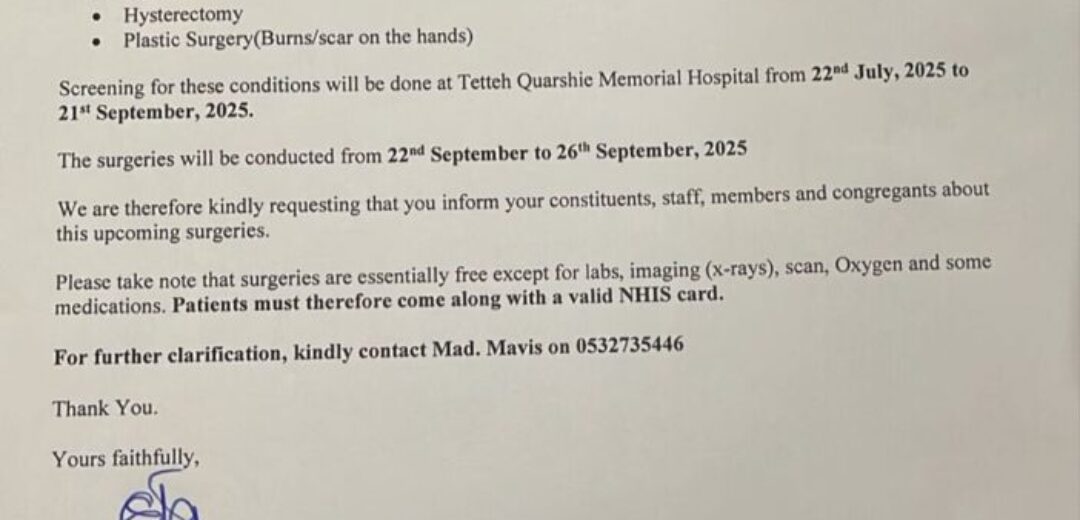 Tetteh Quarshie Memorial Hospital to Host Free Surgeries