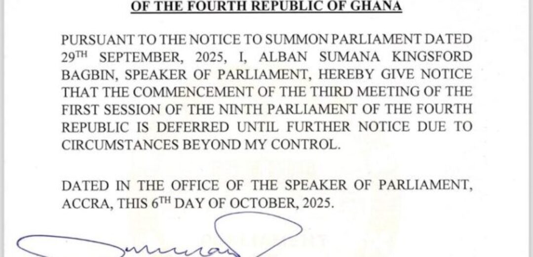 Parliament’s Resumption Deferred Indefinitely by Speaker