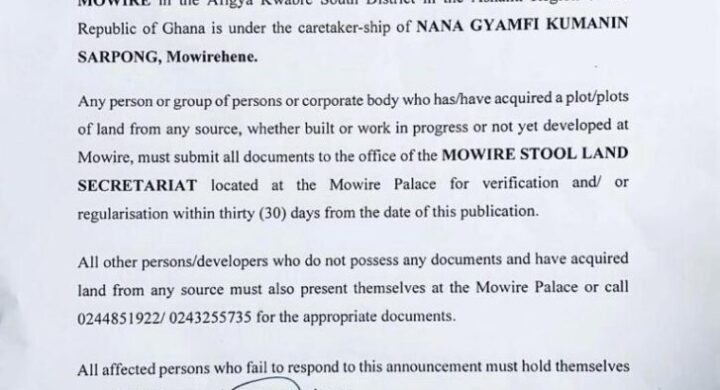 Public Notice: Mowire Stool Land in Afigya Kwabre South District Under Nana Gyamfi Kumanin Sarpong’s Caretaker-ship