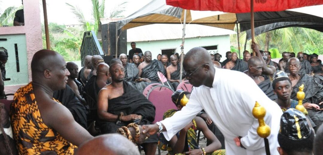 The late priest Rev. Fr. Stephen Boaheng exchanging pleasantry with Akokofehene, Nana Osako Adu Panin CATHOLIC PRIEST ATTENDS TRADITIONAL ENSTOOLMENT CEREMONY JUST DAYS BEFORE PASSING AWAY