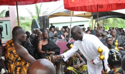 The late priest Rev. Fr. Stephen Boaheng exchanging pleasantry with Akokofehene, Nana Osako Adu Panin CATHOLIC PRIEST ATTENDS TRADITIONAL ENSTOOLMENT CEREMONY JUST DAYS BEFORE PASSING AWAY