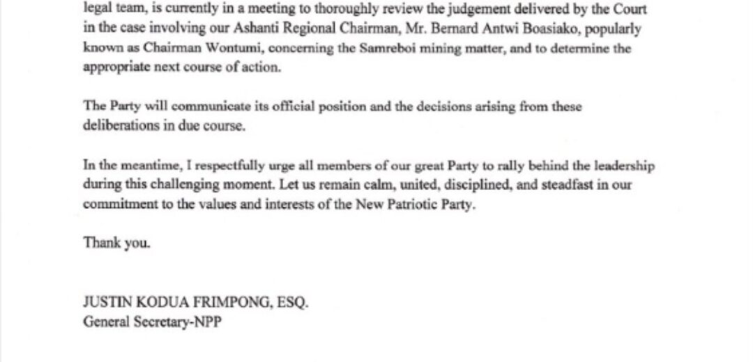 NPP Leadership Holds Emergency Meeting Over Chairman Wontumi Court Judgement