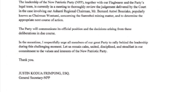 NPP Leadership Holds Emergency Meeting Over Chairman Wontumi Court Judgement
