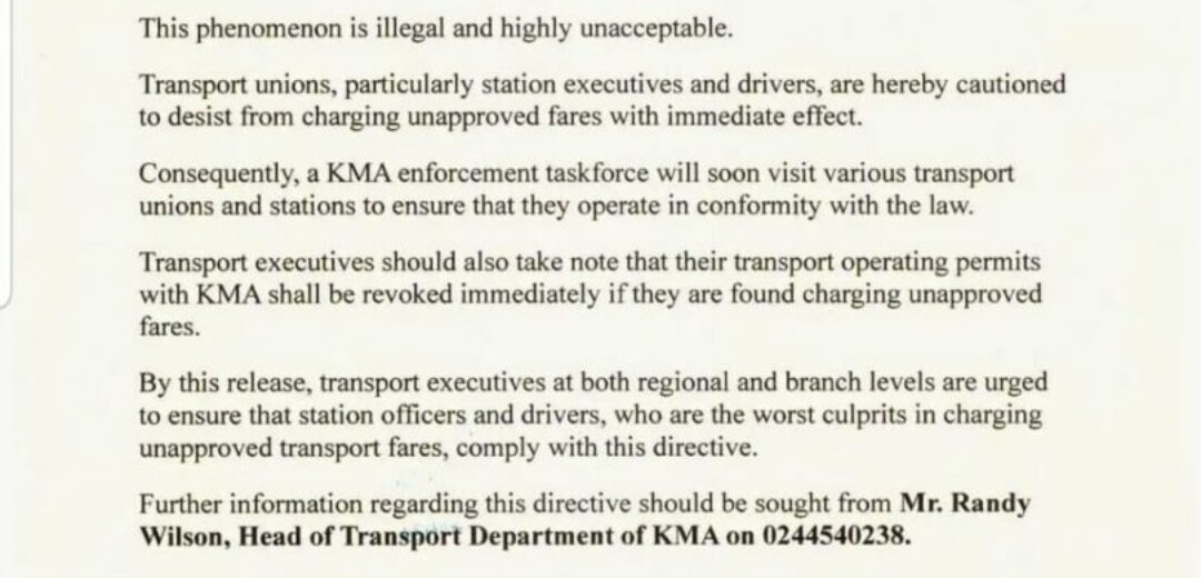 KMA Warns Transport Operators Over Illegal Fare Hikes, Threatens Revocation of Permits