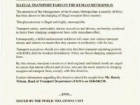 KMA Warns Transport Operators Over Illegal Fare Hikes, Threatens Revocation of Permits