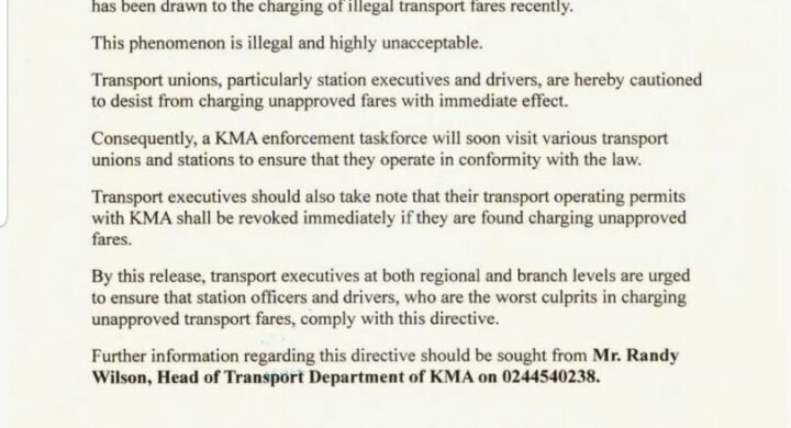 KMA Warns Transport Operators Over Illegal Fare Hikes, Threatens Revocation of Permits