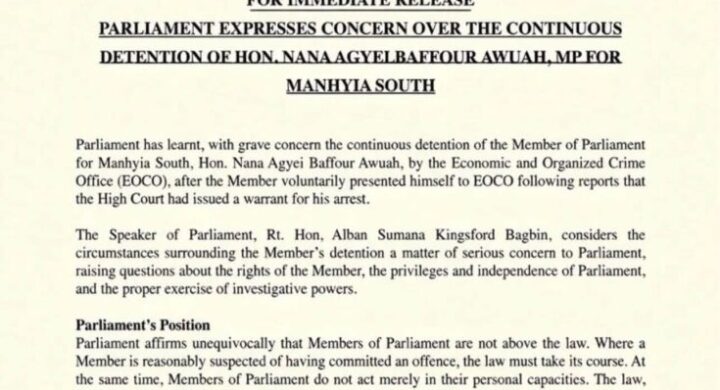 Parliament Raises Grave Concern Over Continued Detention Of Manhyia South MP By EOCO