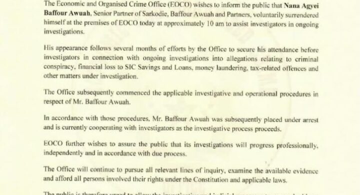 Lawyer Nana Agyei Baffour Awuah Voluntarily Surrenders To EOCO, Placed Under Arrest