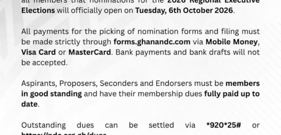 NDC Ashanti Region Opens Nominations For 2026 Regional Executives Election On October 6