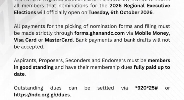 NDC Ashanti Region Opens Nominations For 2026 Regional Executives Election On October 6
